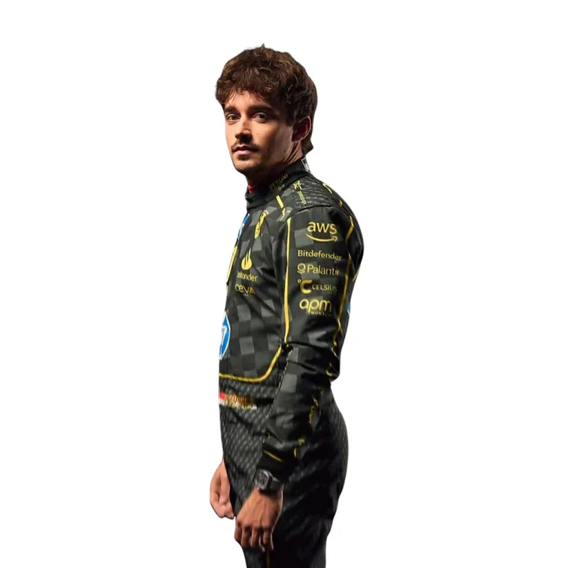 Charles Leclerc in Ferrari 2024 HP Italy GP F1 Racing Suit with sponsor logos on a white background