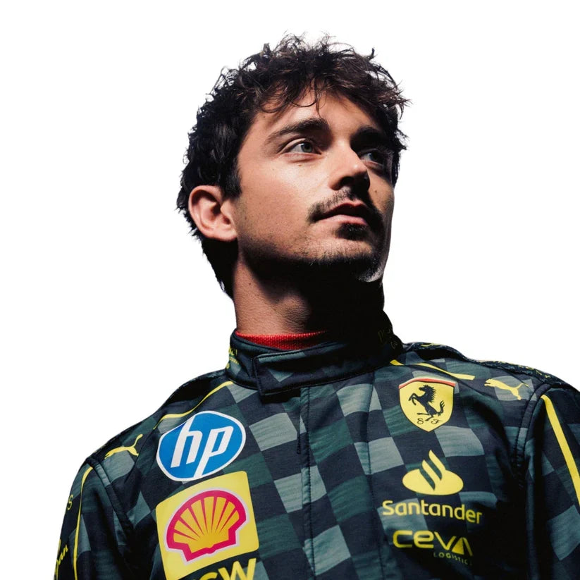 Charles Leclerc in Ferrari 2024 HP Italy GP F1 Racing Suit with various sponsor logos on a white background
