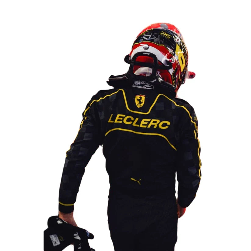 Charles Leclerc in Ferrari 2024 HP Italy GP F1 Racing Suit with yellow accents and a helmet, featuring the Leclerc logo.