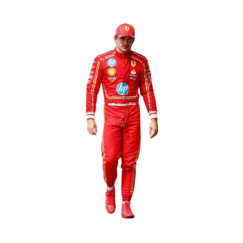 Charles Leclerc in Ferrari 2024 Hp Monaco GP F1 Racing Suit with various logos on a white background