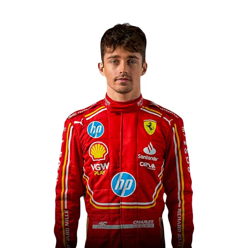 Charles Leclerc in Ferrari 2024 Hp Monaco GP F1 Racing Suit with various sponsor logos on a white background