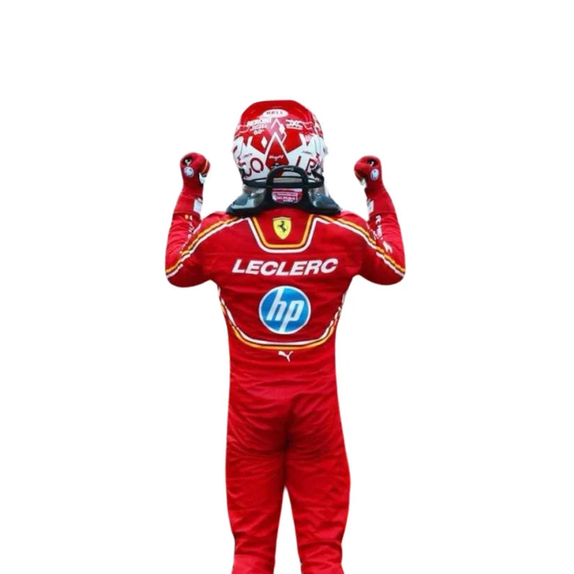 Charles Leclerc in Ferrari 2024 Hp Monaco GP F1 Racing Suit with 'LECLERC' and 'hp' logos on a white background