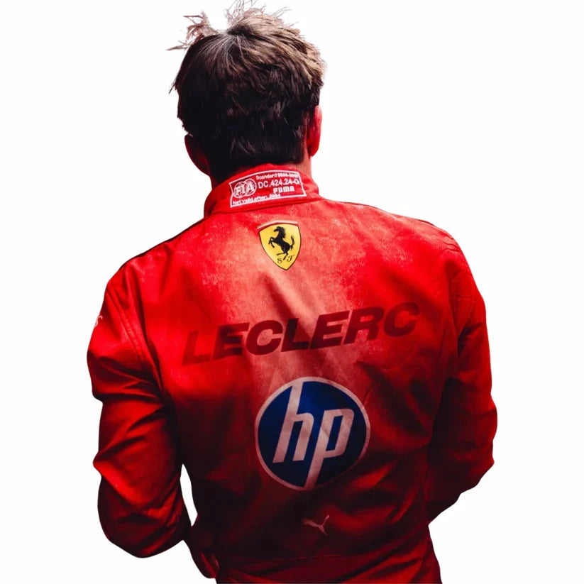 Charles Leclerc in Ferrari 2024 Las Vegas GP F1 Racing Suit with 'LECLERC' and 'hp' logos on a white background
