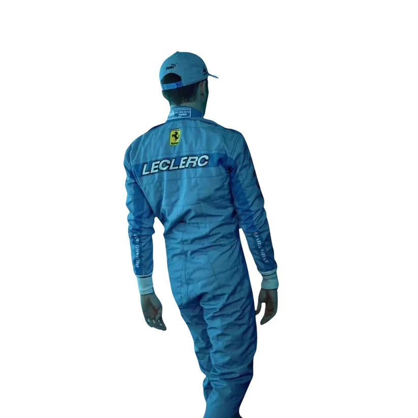 Charles Leclerc in Ferrari 2024 Miami Grand Prix F1 Racing Suit with 'LECLERC' branding on a white background