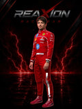 Charles Leclerc in Ferrari 2025 F1 Racing Suit with various logos against a dark background with lightning effects, featuring the 'REAXION RACEGEAR' brand.