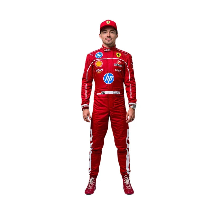 Charles Leclerc in Ferrari 2025 F1 Racing Suit with various sponsor logos on a white background