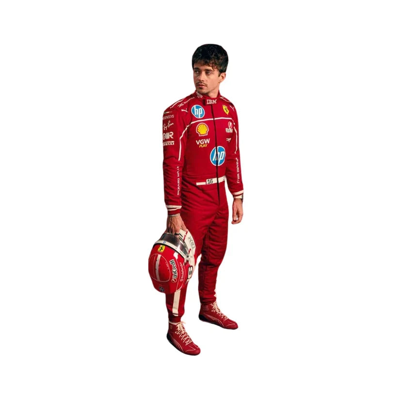 Charles Leclerc in Ferrari 2025 F1 Racing Suit with various logos on a white background