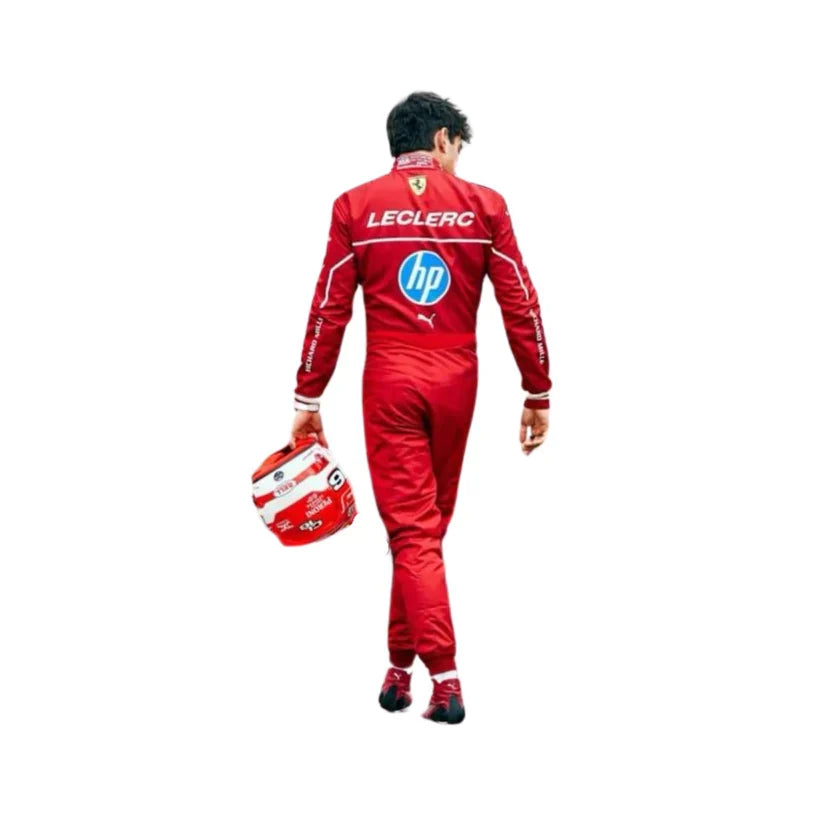 Charles Leclerc in Ferrari 2025 F1 Racing Suit holding a helmet on a white background