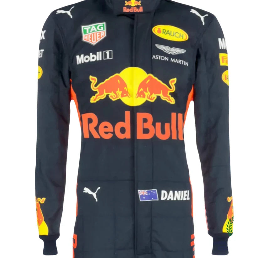 Black racing suit with Red Bull and Puma logos on a white background