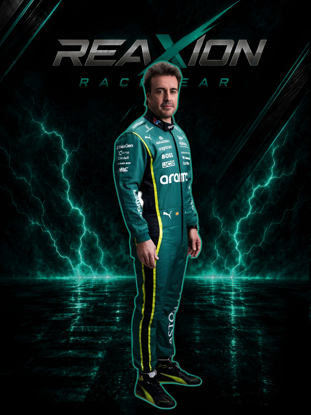 Fernando Alonso 2026 Aston Martin F1 racing suit full body portrait with team branding