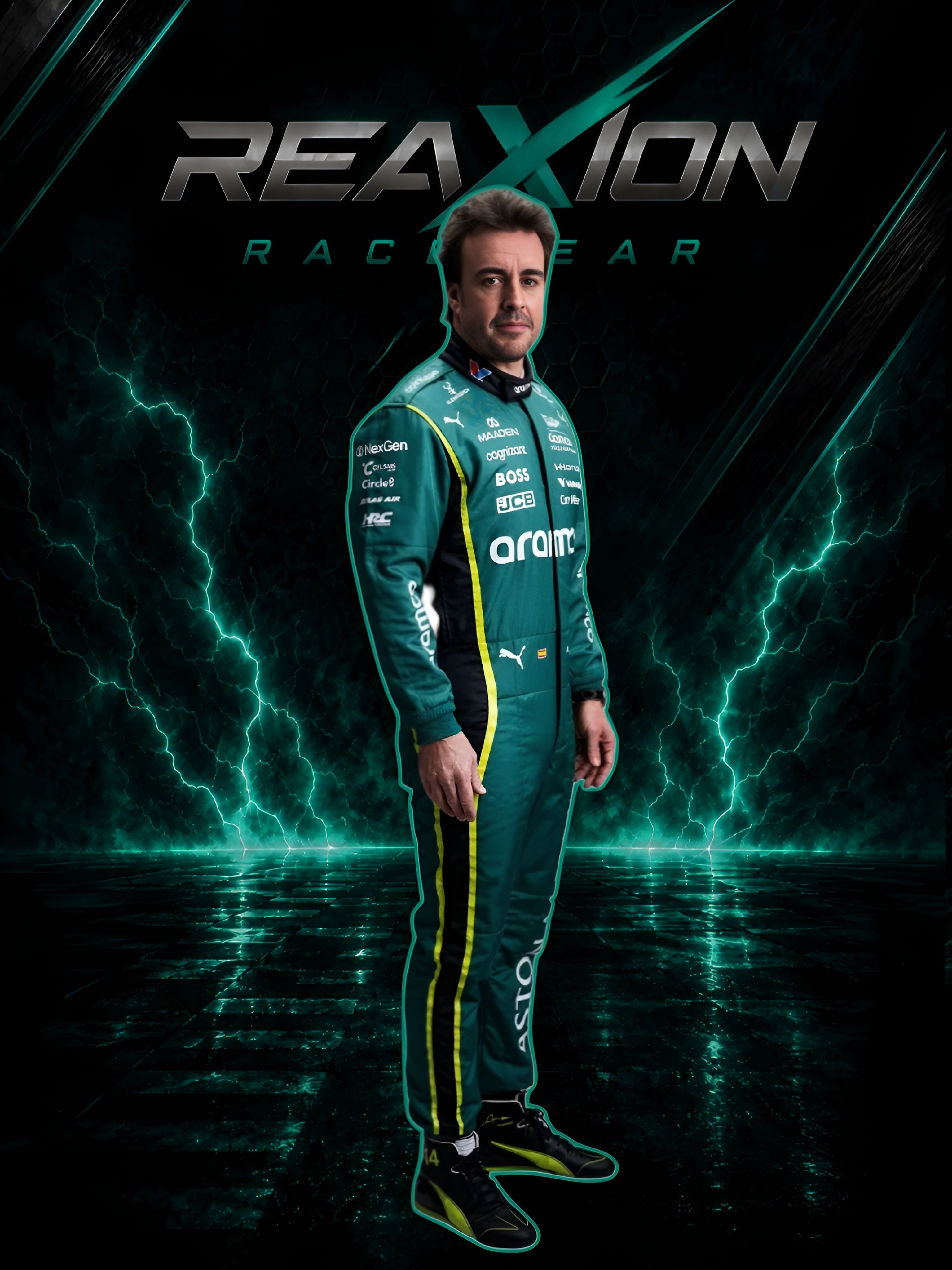 Fernando Alonso 2026 Aston Martin F1 racing suit full body portrait with team branding