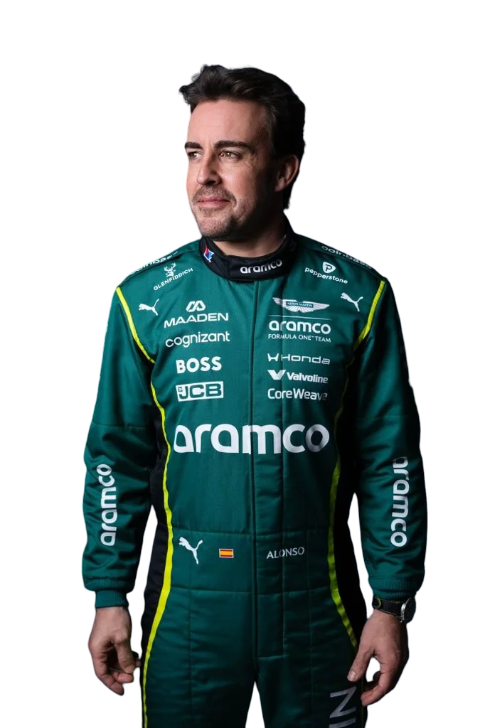 Fernando Alonso 2026 Aston Martin F1 racing suit close-up view showing sponsor logos
