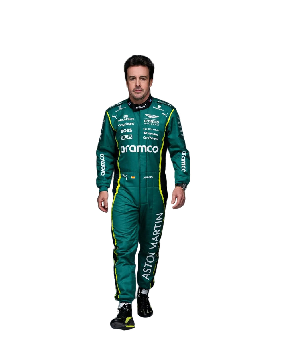 Fernando Alonso 2026 Aston Martin F1 racing suit full body walking view with Aston Martin branding