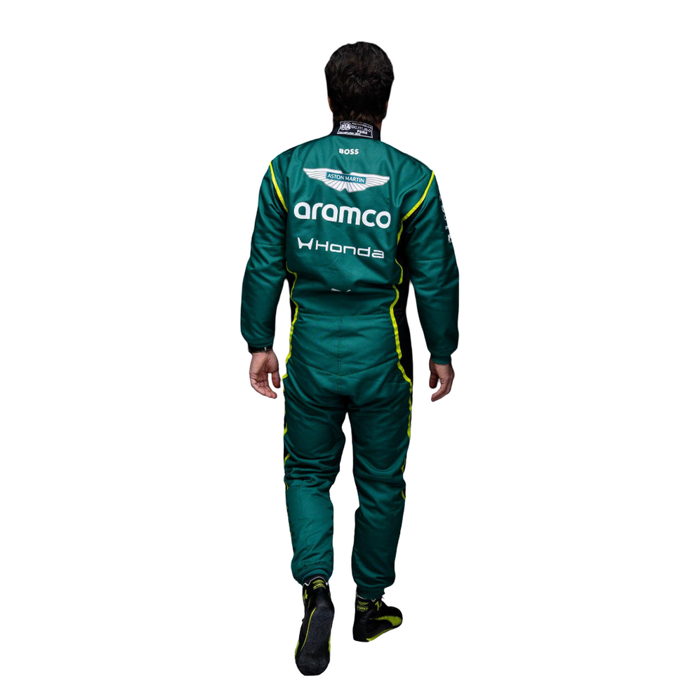 Fernando Alonso 2026 Aston Martin F1 racing suit back view featuring Aramco and Honda logos