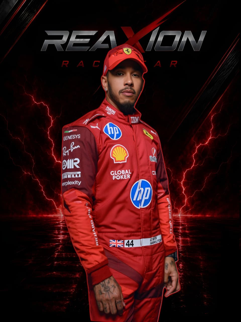 Ferrari 2025 Las Vegas GP F1 Racing Suit Lewis Hamilton with various sponsor logos on a dark background with 'REAXION RACEGEAR' text.