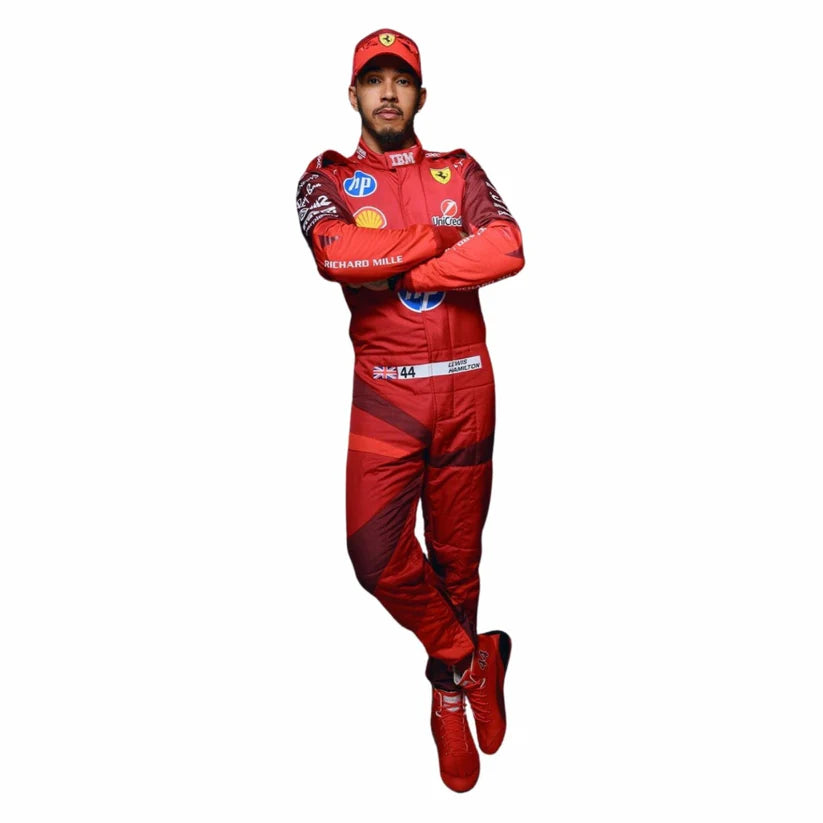 Ferrari 2025 Las Vegas GP F1 Racing Suit Lewis Hamilton with various logos on a white background