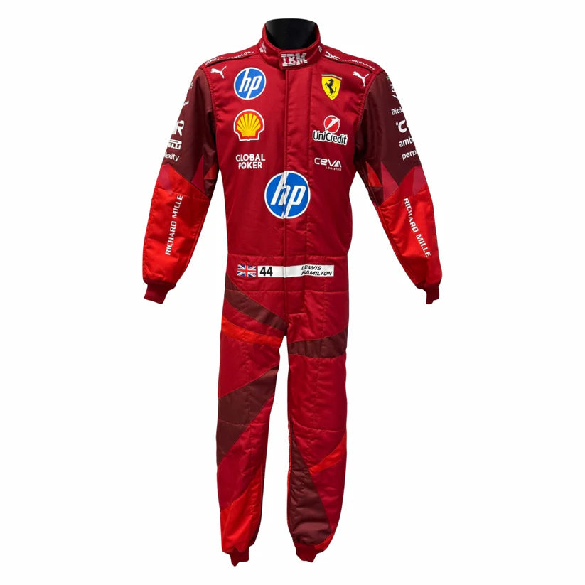 Ferrari racing suit with various brand logos on a white background