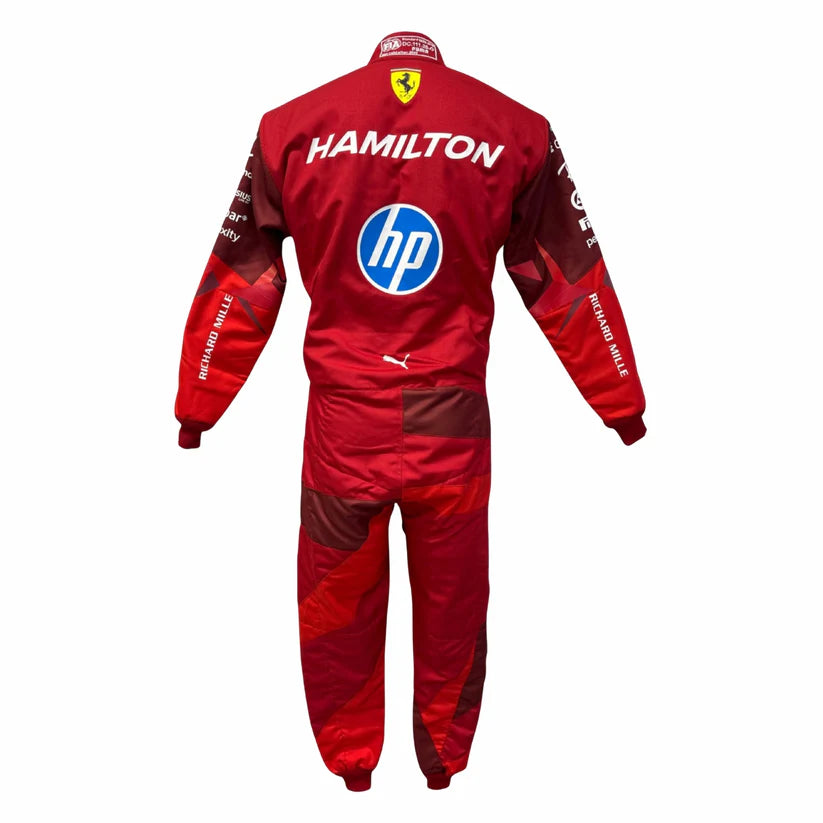 Ferrari racing suit with 'Hamilton' and 'hp' logos on a white background