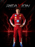 Ferrari 2025 Monza GP F1 Racing Suit Charles Leclerc with various logos on a dark background with lightning effects, featuring the 'REAXION RACEGEAR' brand.