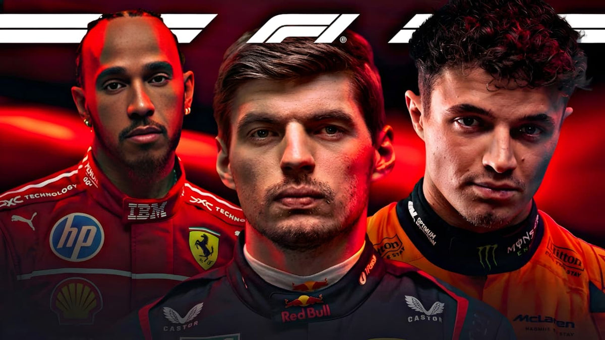 Lewis Hamilton in Ferrari, Max Verstappen in Red Bull Racing, and Lando Norris in McLaren Formula 1 racing suits