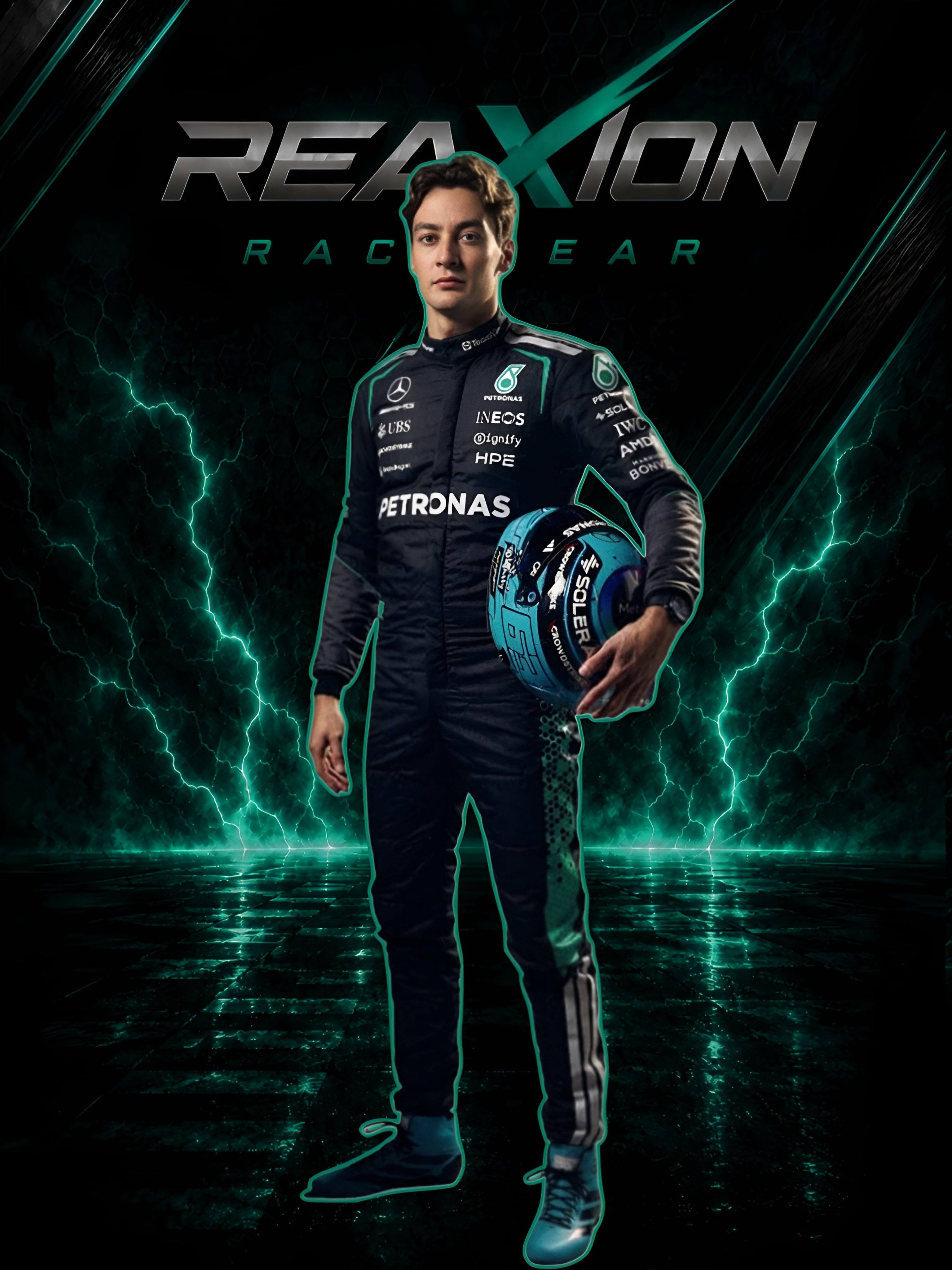 George Russell 2026 Mercedes F1 racing suit full body view holding team helmet