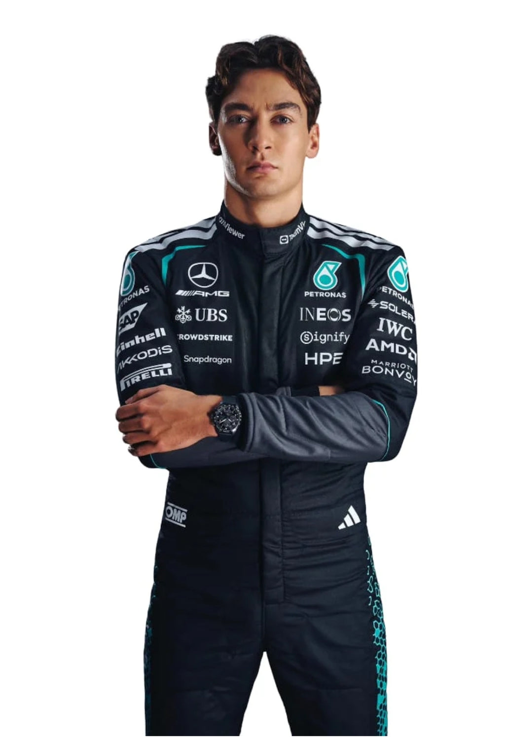 George Russell 2026 Mercedes F1 racing suit upper body view with Petronas and sponsor logos