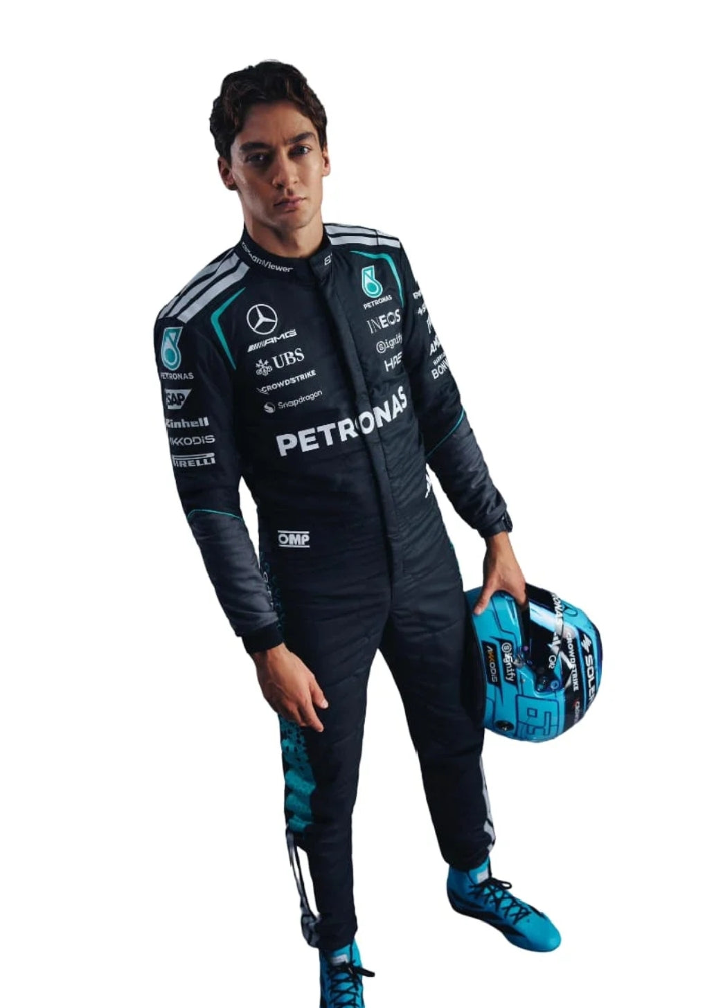 George Russell 2026 Mercedes F1 racing suit full body portrait with team branding