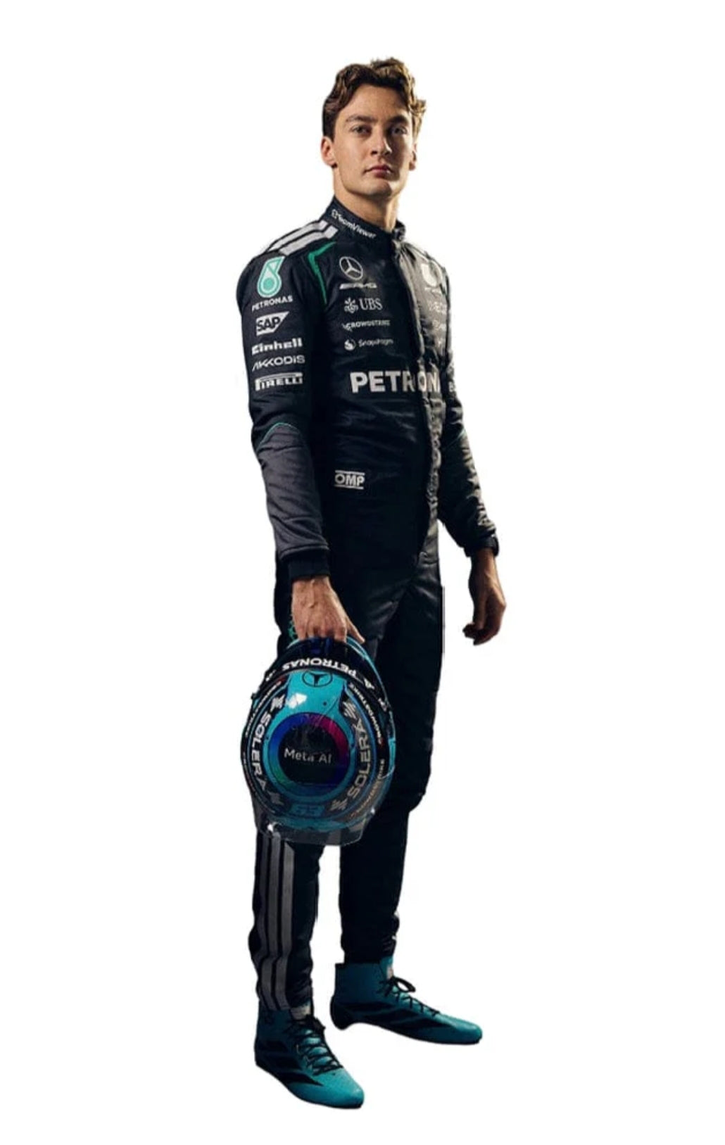 George Russell 2026 Mercedes F1 racing suit full body view standing with team racing helmet
