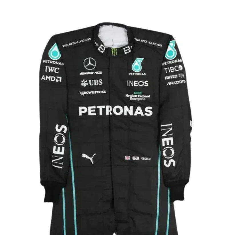 Black racing suit with various sponsor logos on a white background
