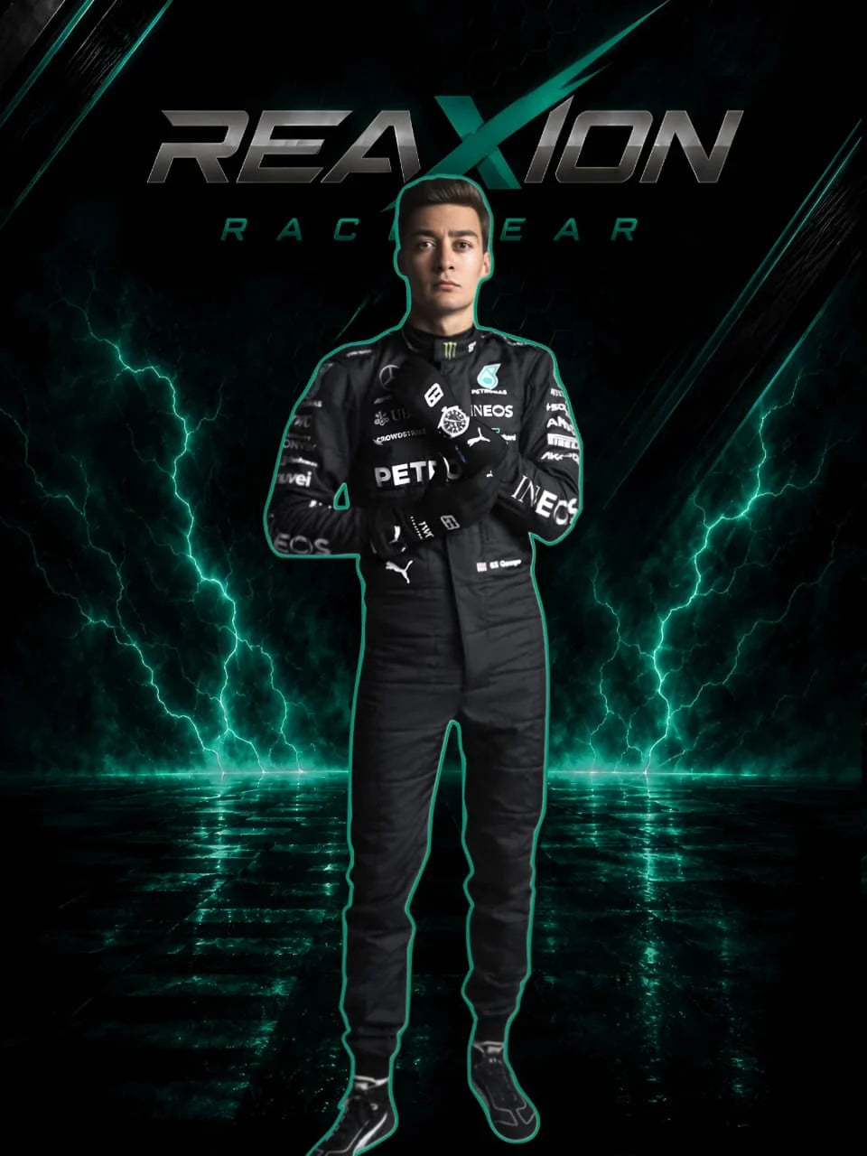 George Russell in Mercedes 2023 F1 Racing Suit with multiple sponsor logos stands centered against a dark background with glowing teal lightning effects and the text 'REAXION RACEGEAR' at the top.