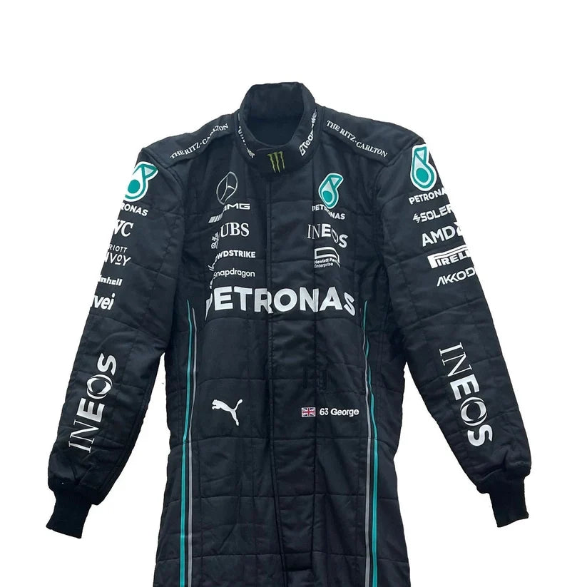 Black racing suit with various sponsor logos on a white background