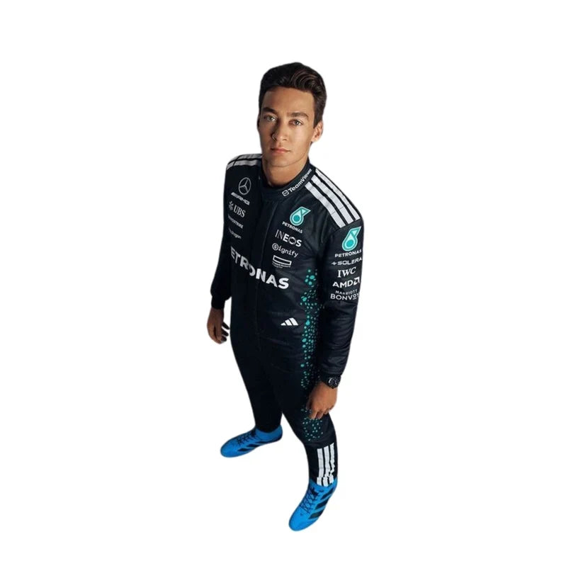 George Russell in Mercedes 2025 F1 Racing Suit with various sponsor logos on a white background