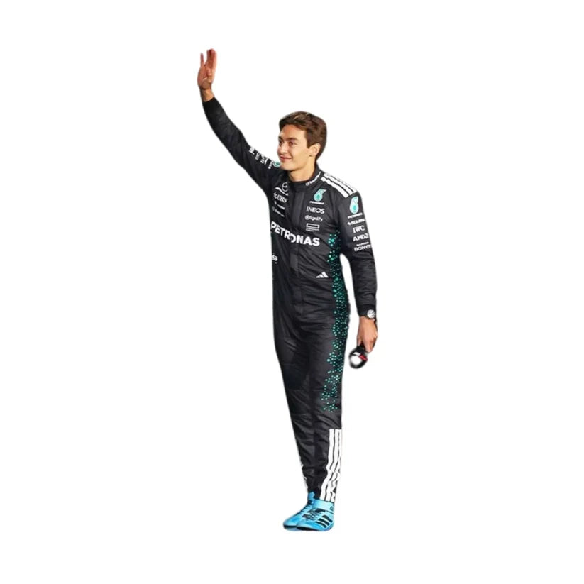 George Russell in Mercedes 2025 F1 Racing Suit with visible branding on a white background