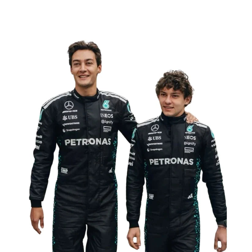 Two individuals wearing black racing suits with Petronas and Mercedes-Benz logos on a white background.