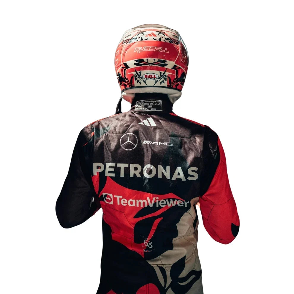George Russell in Mercedes 2025 Miami GP F1 Racing Suit and helmet with visible branding on a white background