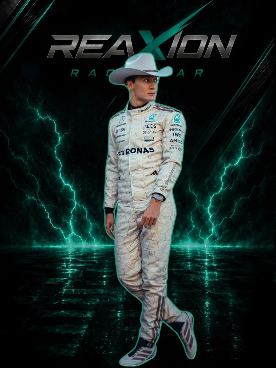 George Russell in Mercedes 2025 USA Austin GP F1 Racing Suit and cowboy hat stands against a dark, lightning-lit background with the text 'REAXION RACEGEAR' above him. The suit has visible Petronas and Mercedes branding.