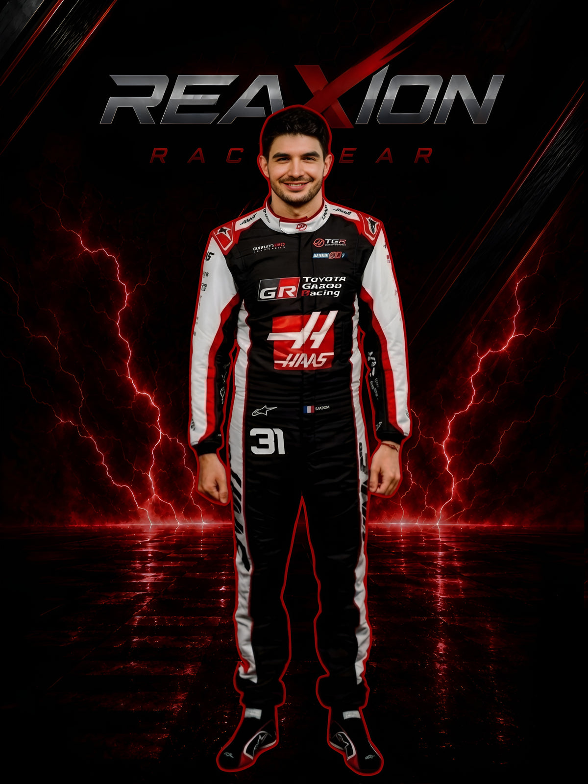 Haas 2026 F1 Racing Suit Esteban Ocon with visible branding on a dark background with lightning effects, featuring the 'REAXION RACEGEAR' brand.