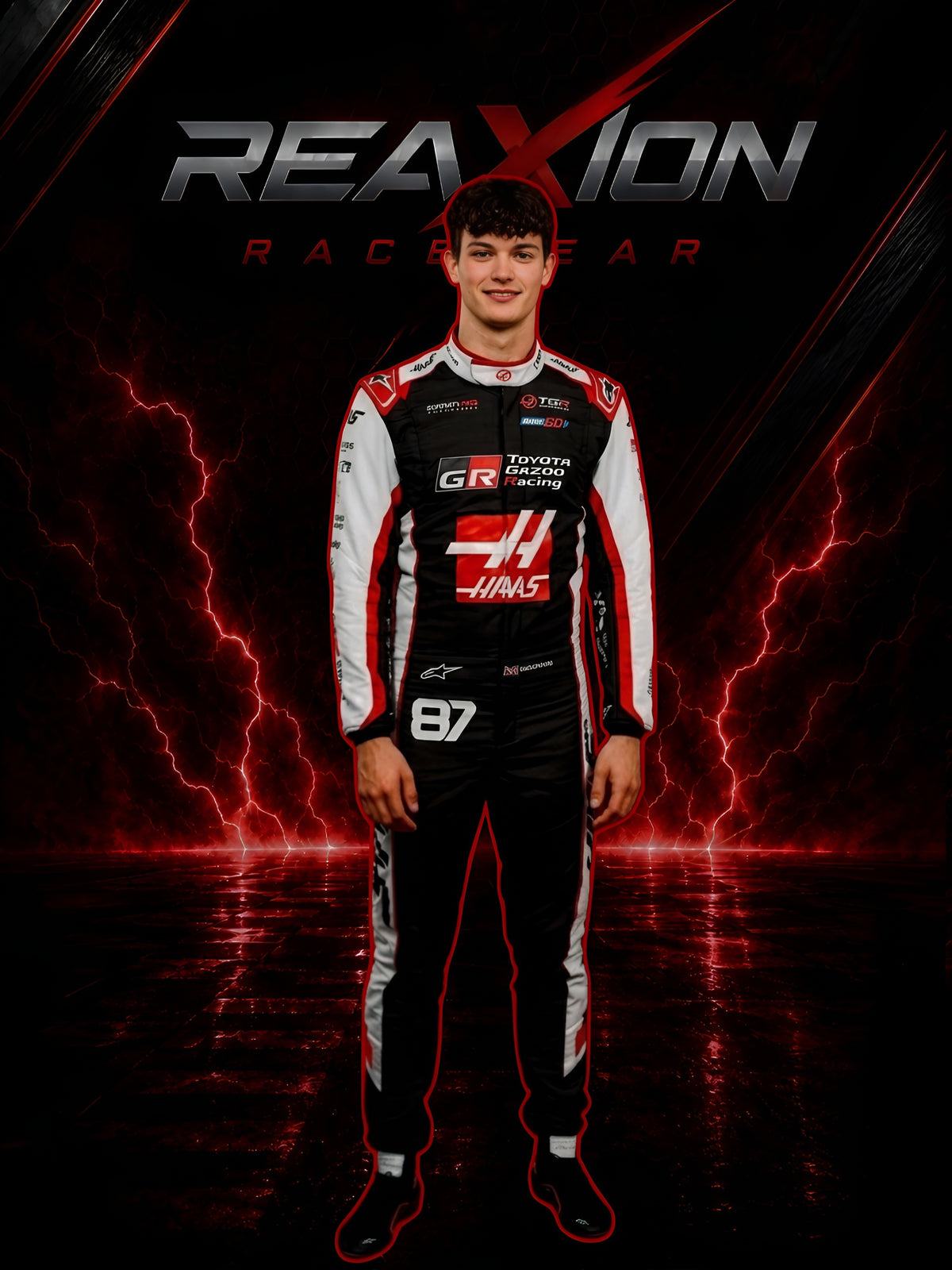 Haas 2026 F1 Racing Suit Oliver Bearman with visible branding on a dark background with red lightning effects.