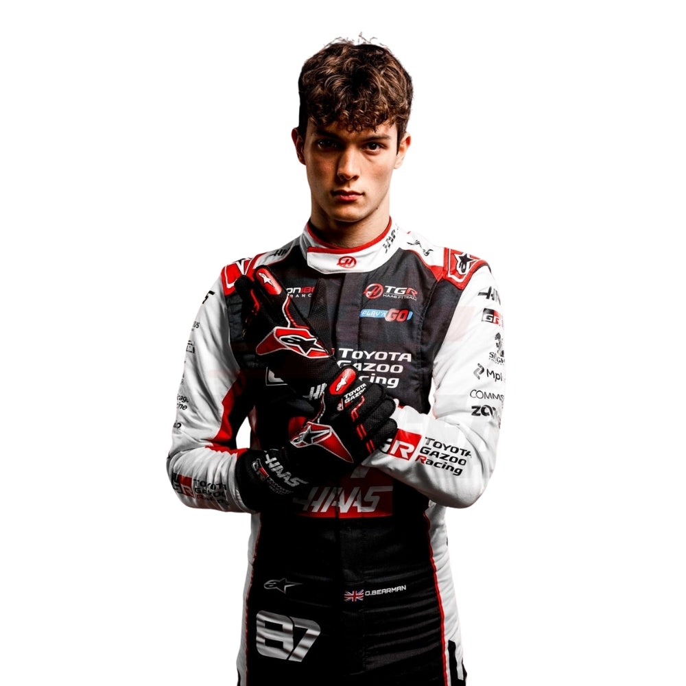 Haas 2026 F1 Racing Suit Oliver Bearman on a white background