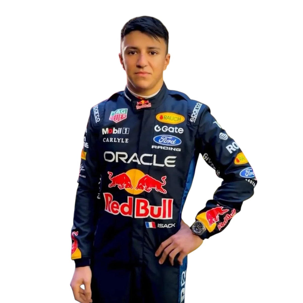 Isack Hadjar 2026 Red Bull F1 racing suit close-up portrait showing sponsor logos