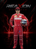 Kimi Raikkonen in Ferrari 2017 F1 Racing Suit and cap stands holding a helmet against a dramatic black background with red lightning effects and the large text 'REAXION RACEGEAR' at the top.