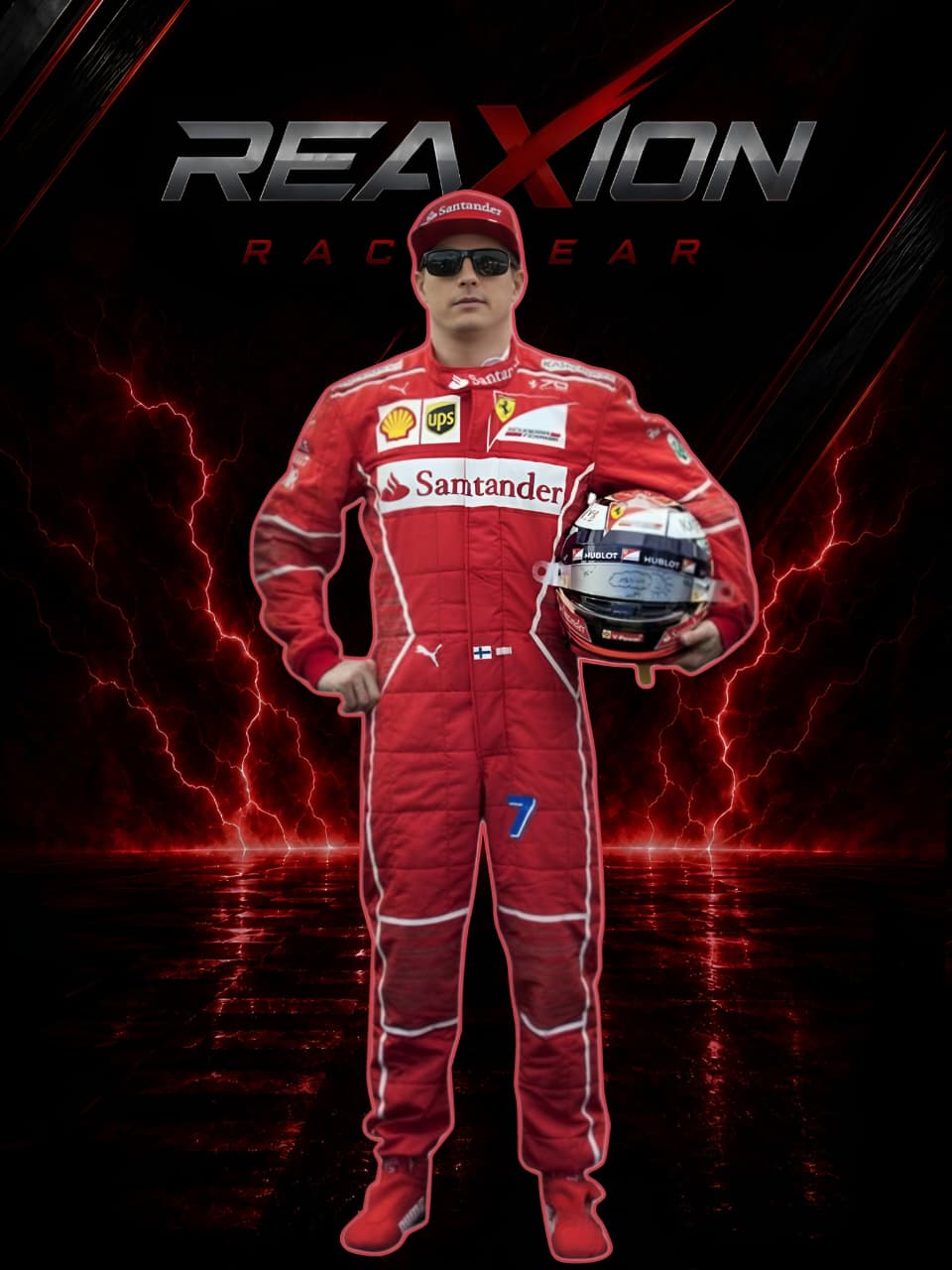Kimi Raikkonen in Ferrari 2017 F1 Racing Suit and cap stands holding a helmet against a dramatic black background with red lightning effects and the large text 'REAXION RACEGEAR' at the top.