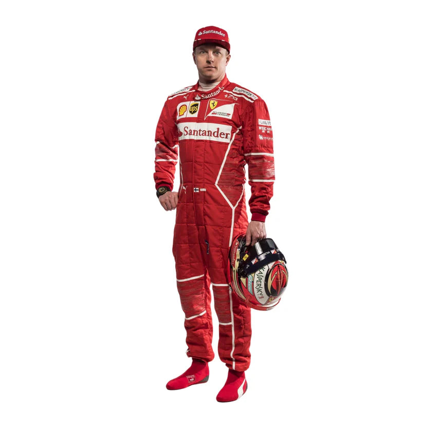 Kimi Raikkonen in Ferrari 2017 F1 Racing Suit with visible branding on a white background