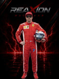 Kimi Raikkonen in Ferrari 2018 F1 Racing Suit and cap stands holding a racing helmet against a dark background with red lightning effects and the text 'REAXION RACE GEAR' at the top.