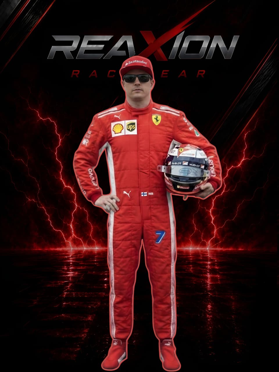 Kimi Raikkonen in Ferrari 2018 F1 Racing Suit and cap stands holding a racing helmet against a dark background with red lightning effects and the text 'REAXION RACE GEAR' at the top.