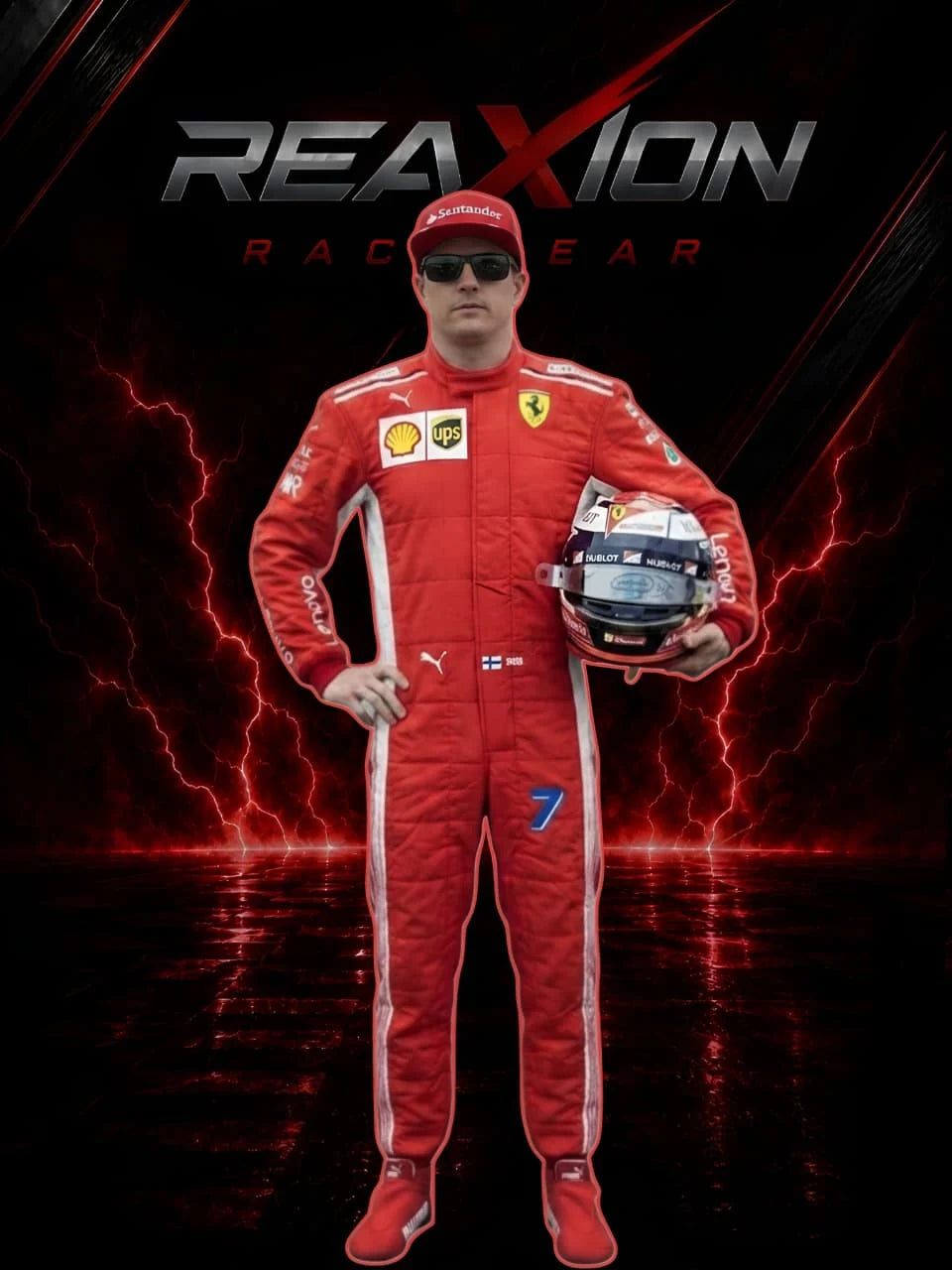 Kimi Raikkonen in Ferrari 2018 F1 Racing Suit and cap stands holding a racing helmet against a dark background with red lightning effects and the text 'REAXION RACE GEAR' at the top.