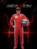 Kimi Raikkonen in Ferrari 2018 F1 Racing Suit and cap stands holding a racing helmet against a dark background with red lightning effects and the text 'REAXION RACE GEAR' at the top.