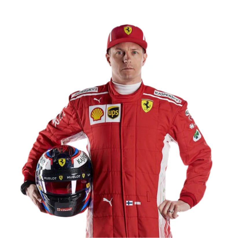 Kimi Raikkonen in Ferrari 2018 F1 Racing Suit holding a helmet on a white background