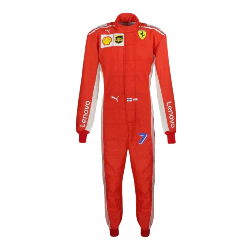 A red Ferrari racing suit with white side panels and various sponsor logos, including Lenovo, Shell, and Puma, displayed on a solid white background.