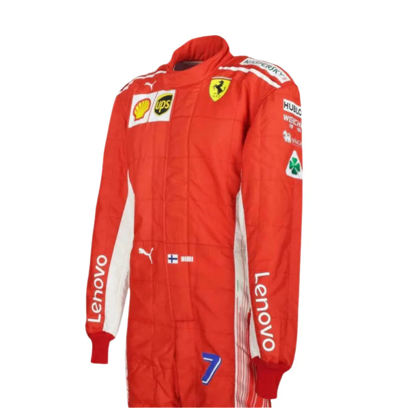 Red racing suit with various logos on a white background